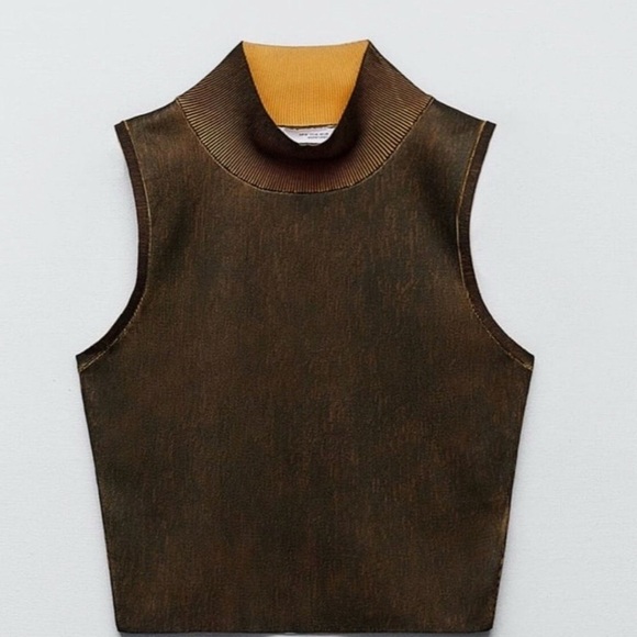 Zara Distressed Effect Knit Mock Neck Crop Top Black Orange Ribbed Sz M - Picture 1 of 6